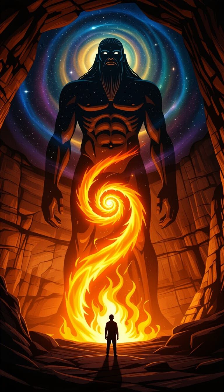Ancient Cave Painting of Cosmic Being with Fiery Spiral