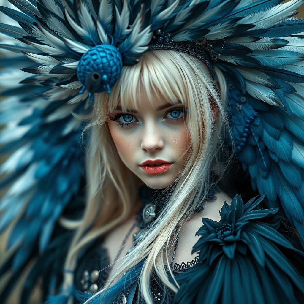 Goth Woman in Bird Feather Headdress, Dreamlike Retropunk