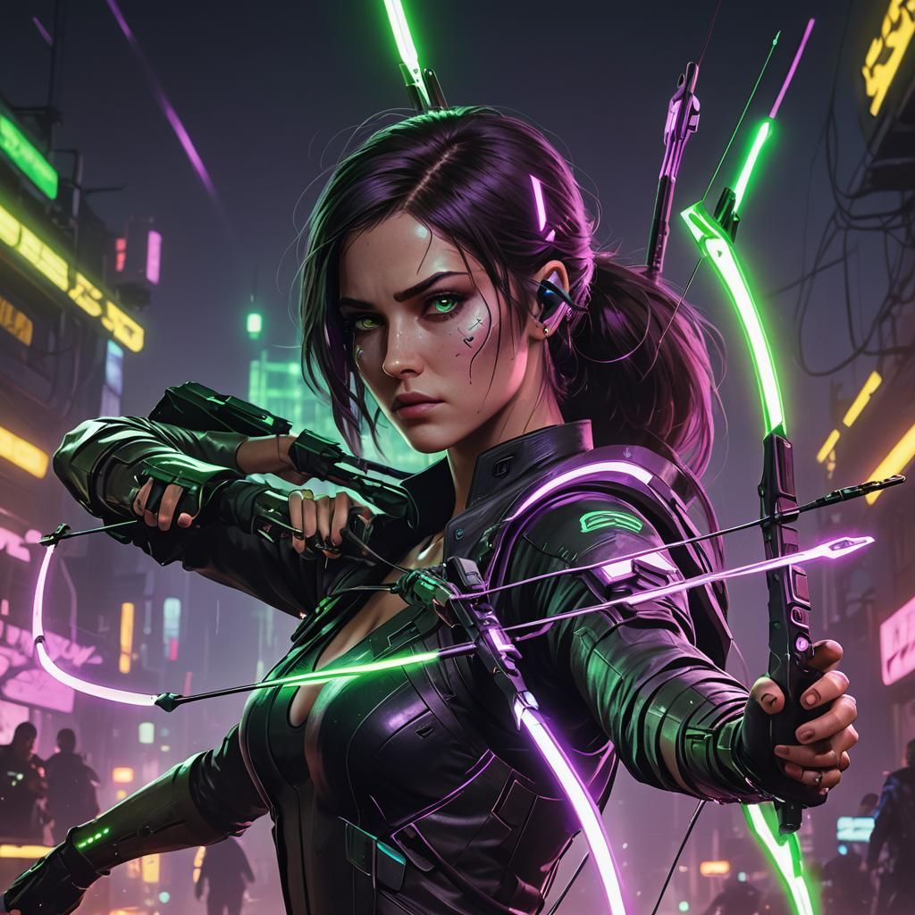 Cyberpunk Archer: Woman with Glowing Violet Bow