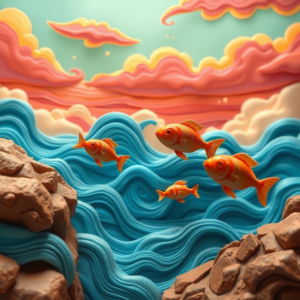 Claymation Sky with Fish Swimming in Ocean