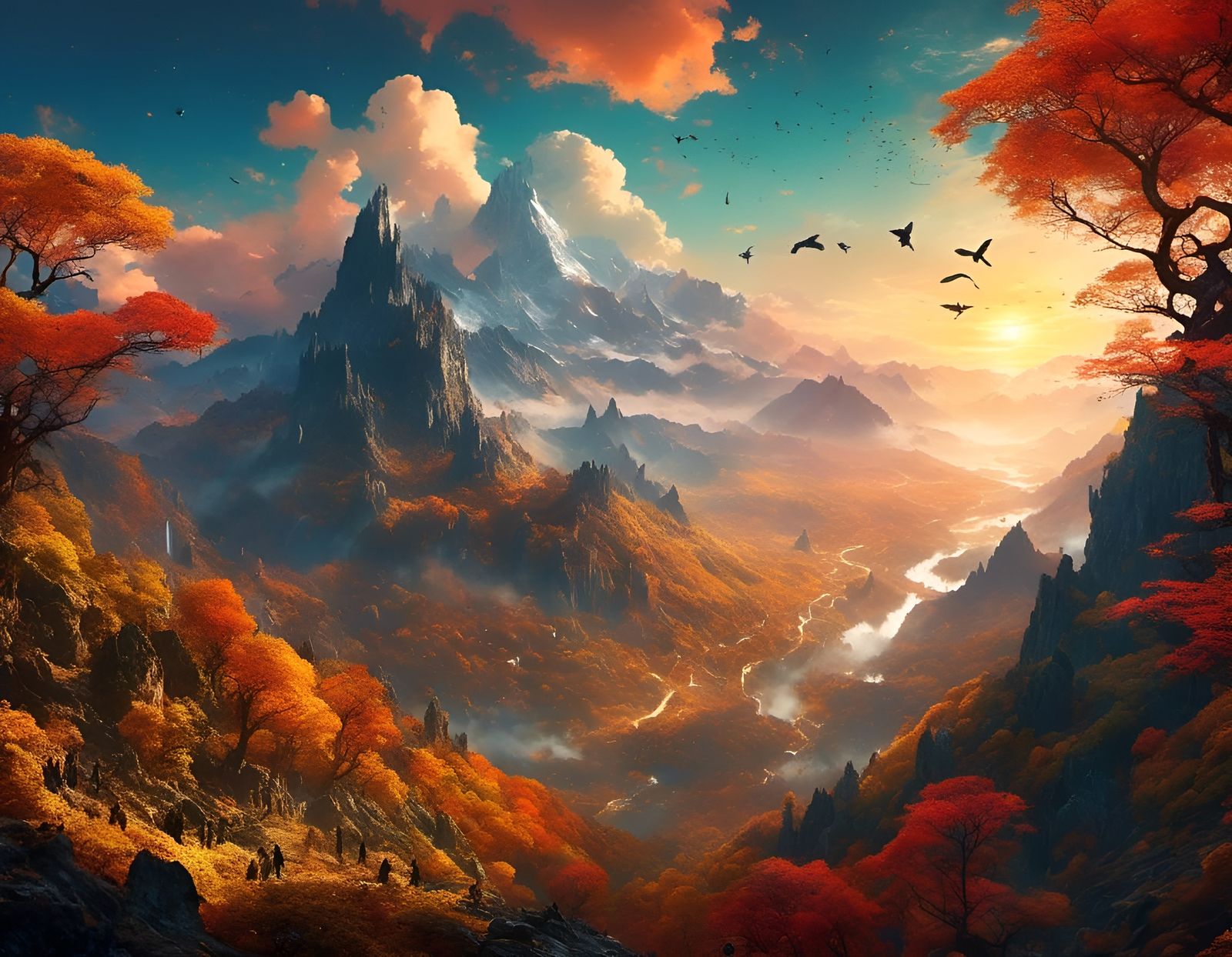 Lush Autumn Forest at Sunset with Colorful Parrots