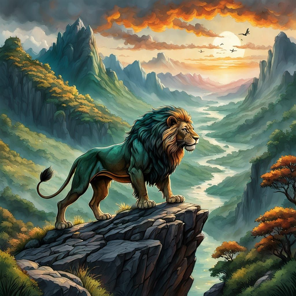 Majestic Lion at Sunset: A Landscape Painting