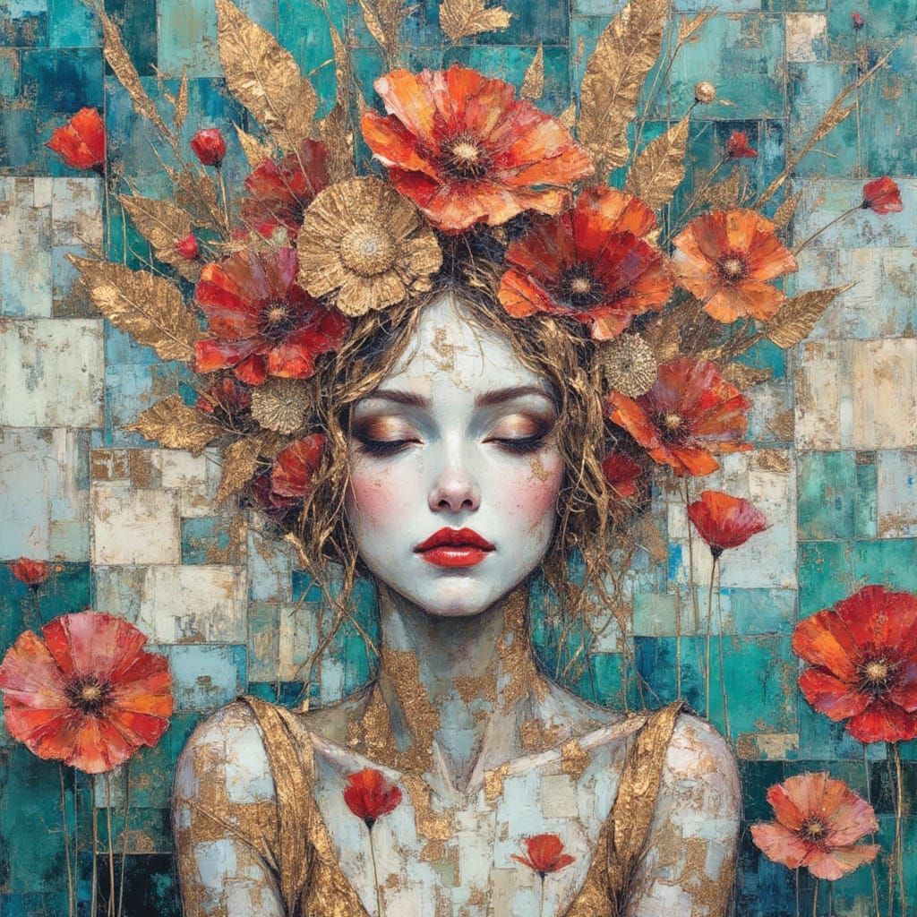 Mystic Fire Goddess Portrait in Art Deco Style