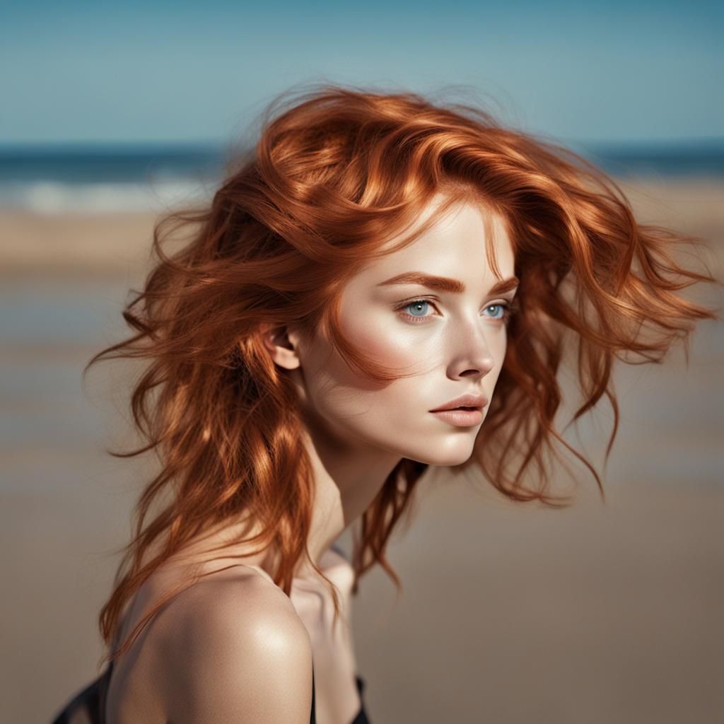 Sensual Nude Woman on Beach with Red Hair