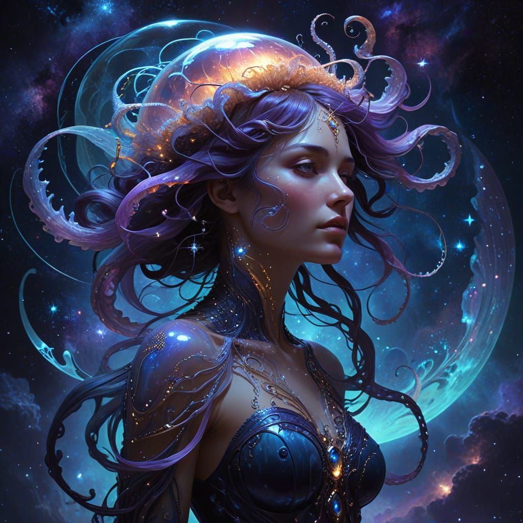 Bioluminescent Jellyfish Goddess in Cosmic Art Nouveau Style