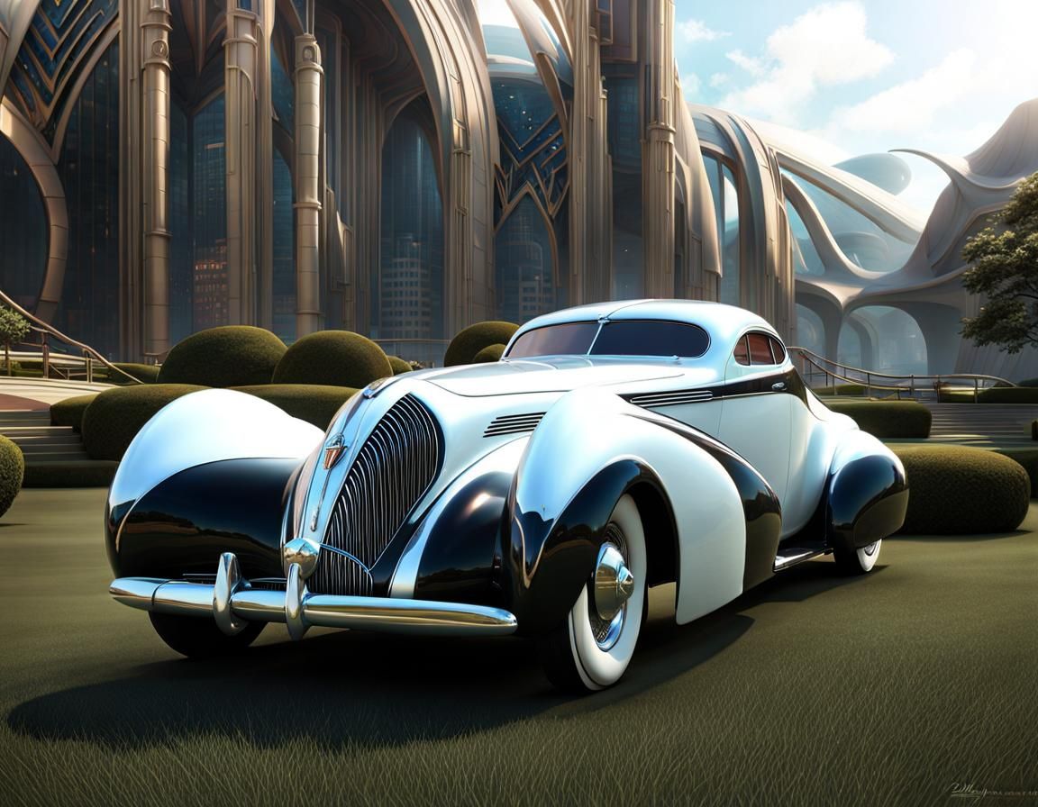 Retrofuturistic 1938 Fastback Brougham in Art Deco Style