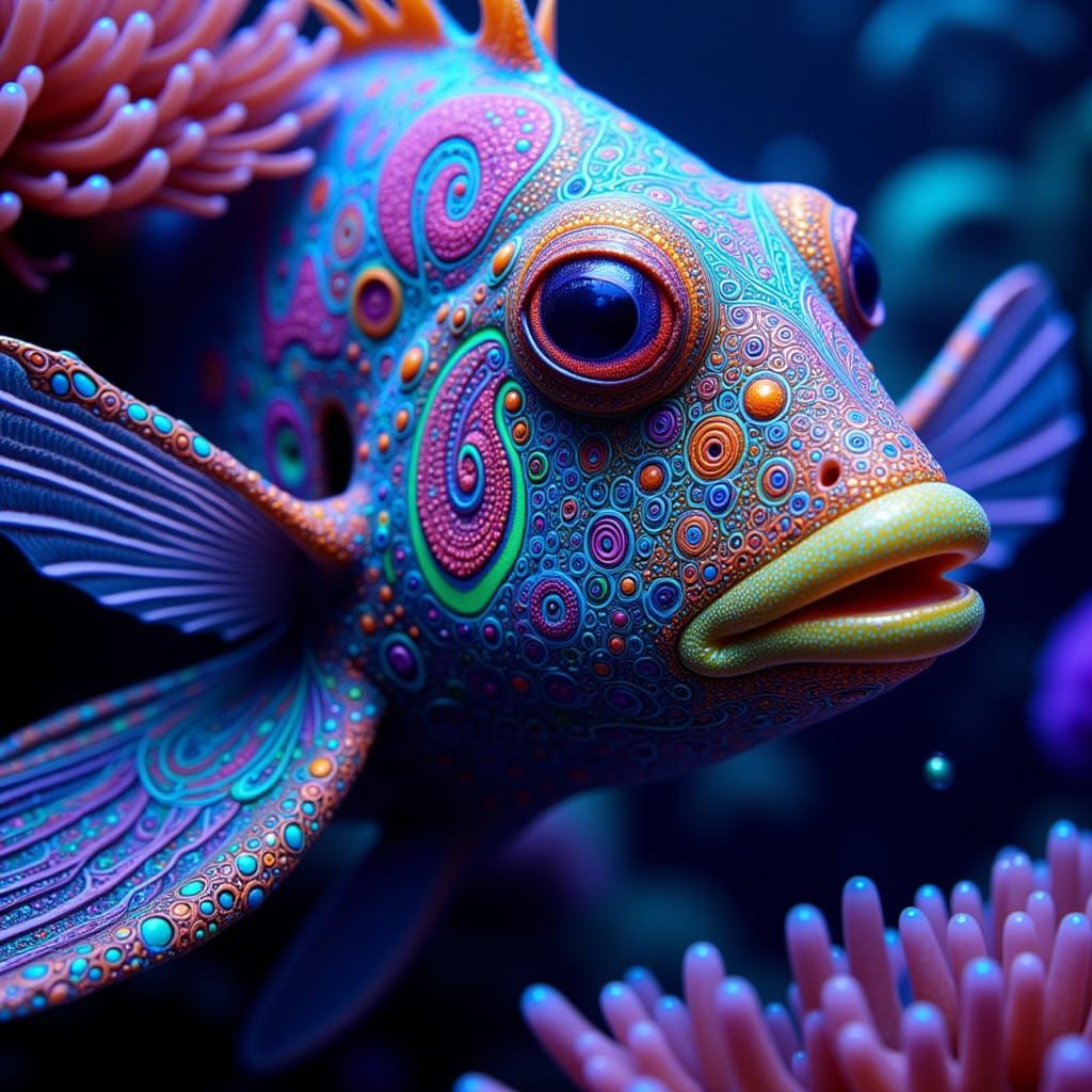 Vibrant Coral Fish with Zentangle Scales in Deep Ocean