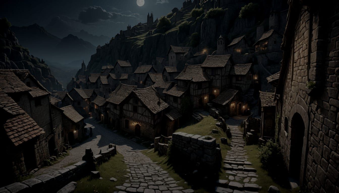 Eerie Medieval Village Alleyway in Moonlight