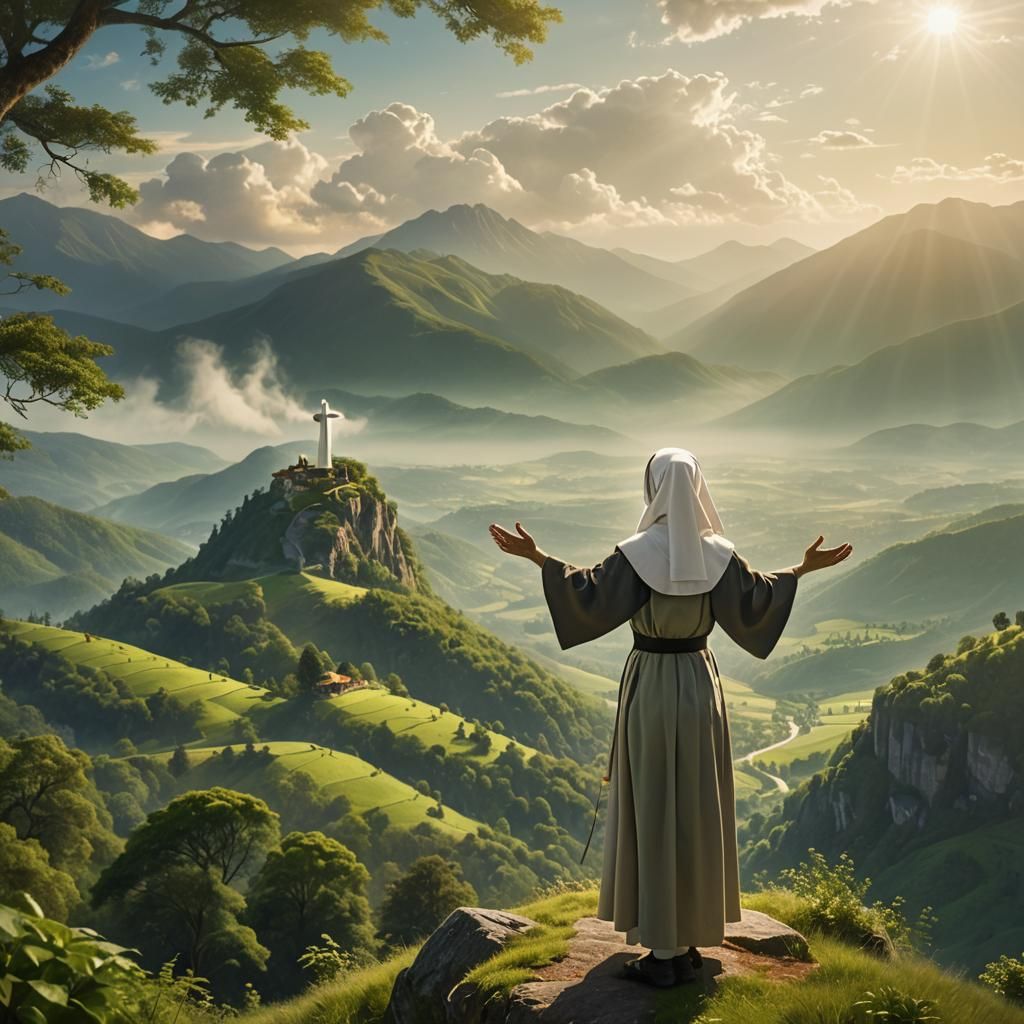 Nun on Mountain Peak in Divine Sunshine