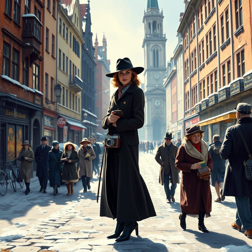 Woman in Vintage Coat Captured in 1920s German Town Square