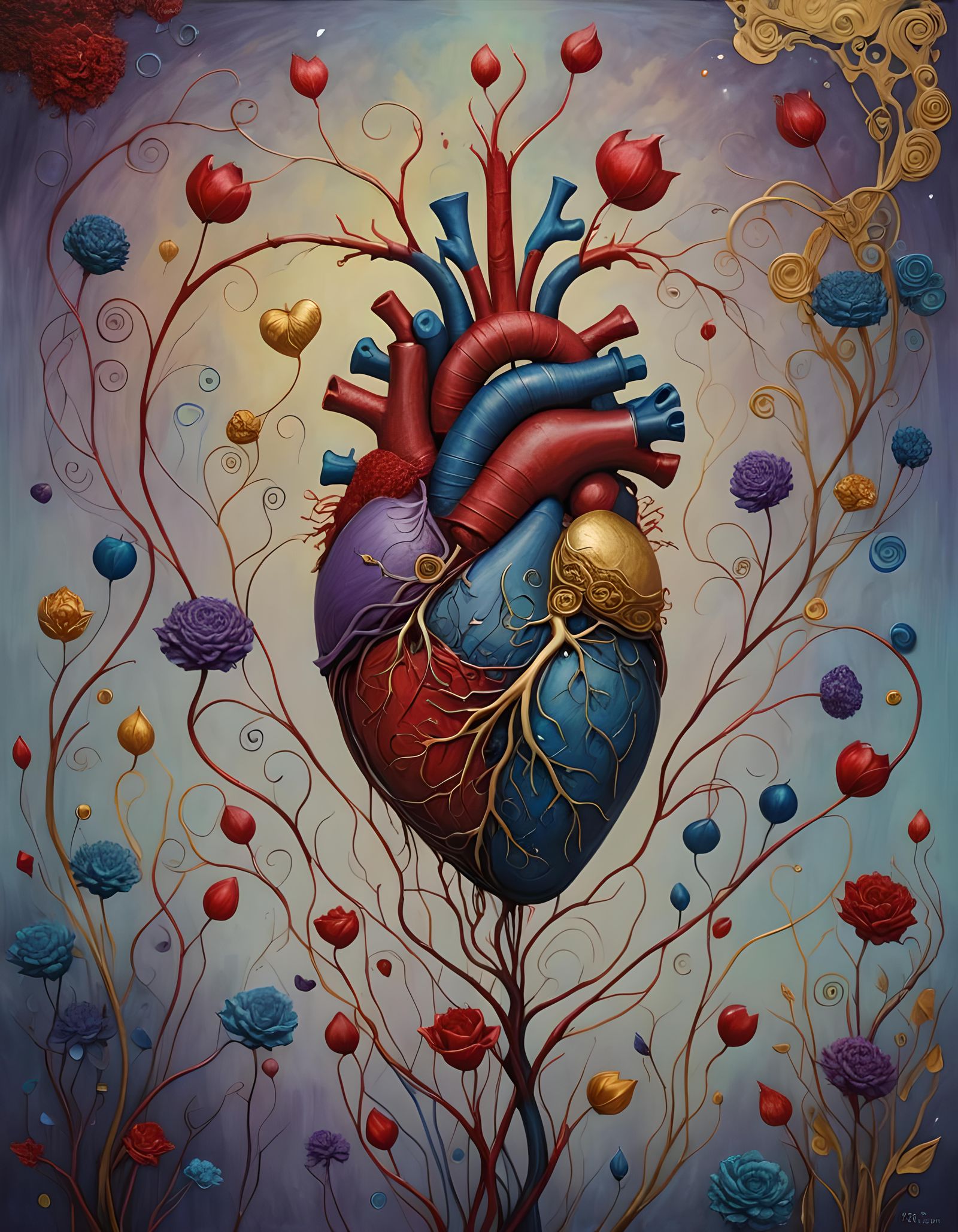 Metallic Heart in Violet Sky, Surreal Art