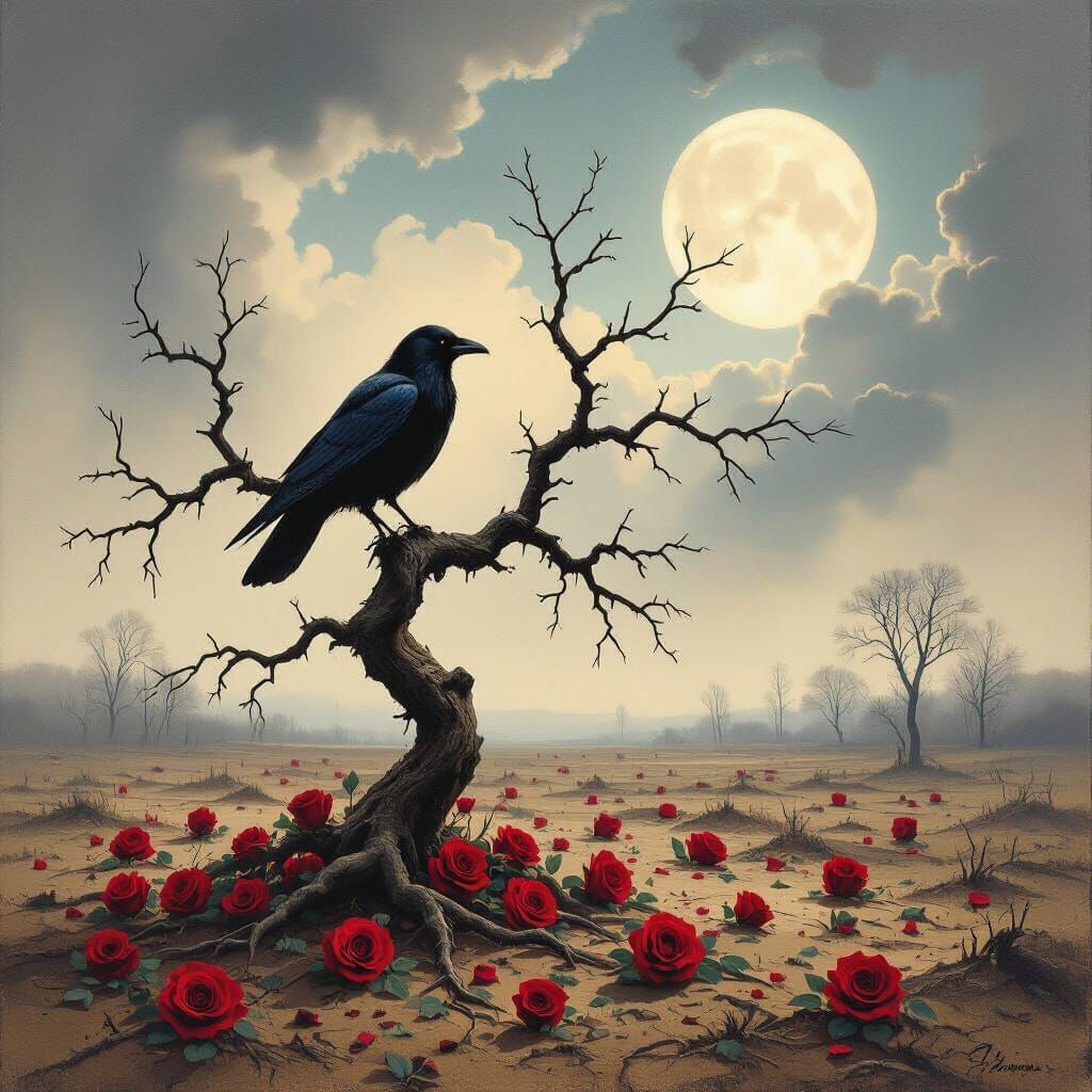 Crow and Crimson Roses: an Impasto Oil Painting
