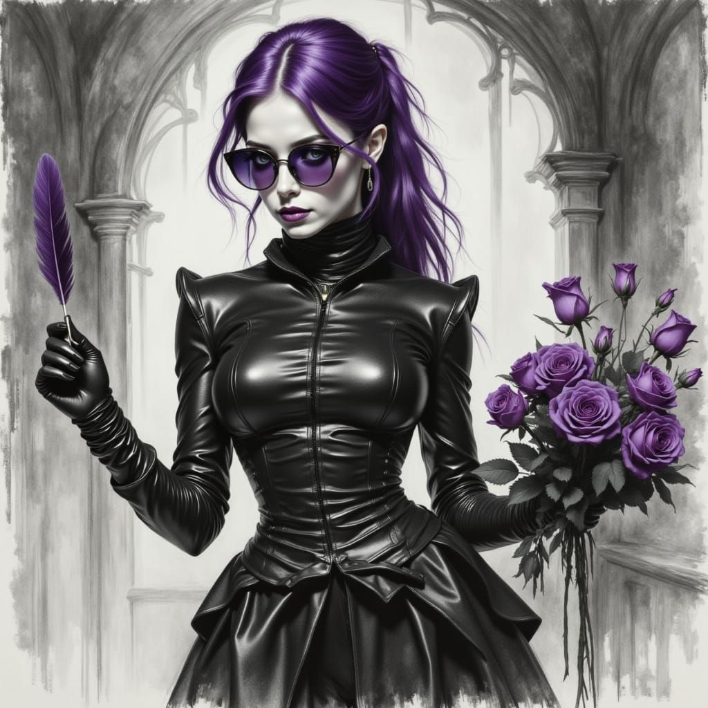 Charcoal Portrait of a Woman with Purple Roses and Ponytail