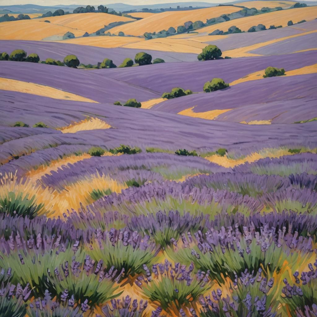 Impressionist Lavender Fields Landscape in Golden Light