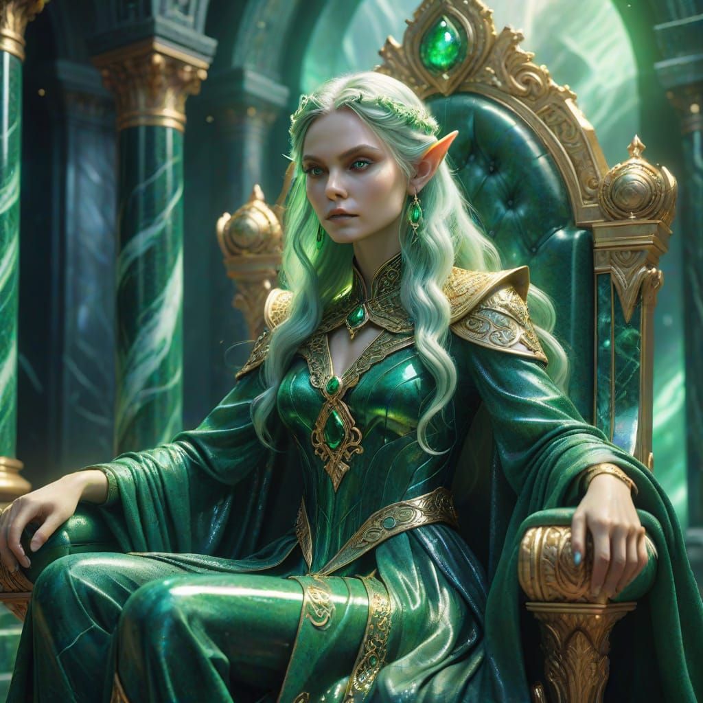 Ethereal Elf Queen Reigns in Majestic Green Marble Throne Ro...