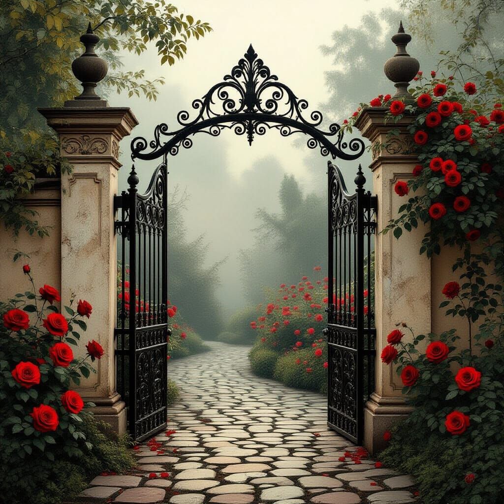 Dreamy Gothic Garden with Red Roses in Pop-Surrealist Style