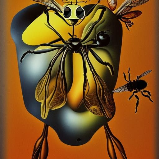 Surreal Bee on Pomegranate, Dali-esque Style