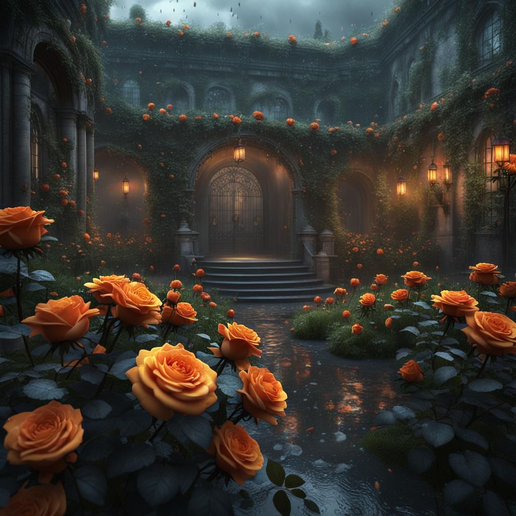 Gloomy Rainy Garden with Orange Roses