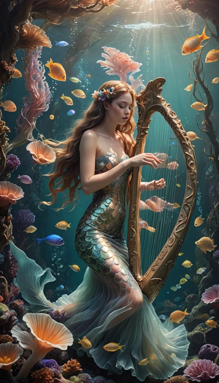 Enchanted Mermaid Plays Harp in Underwater Forest