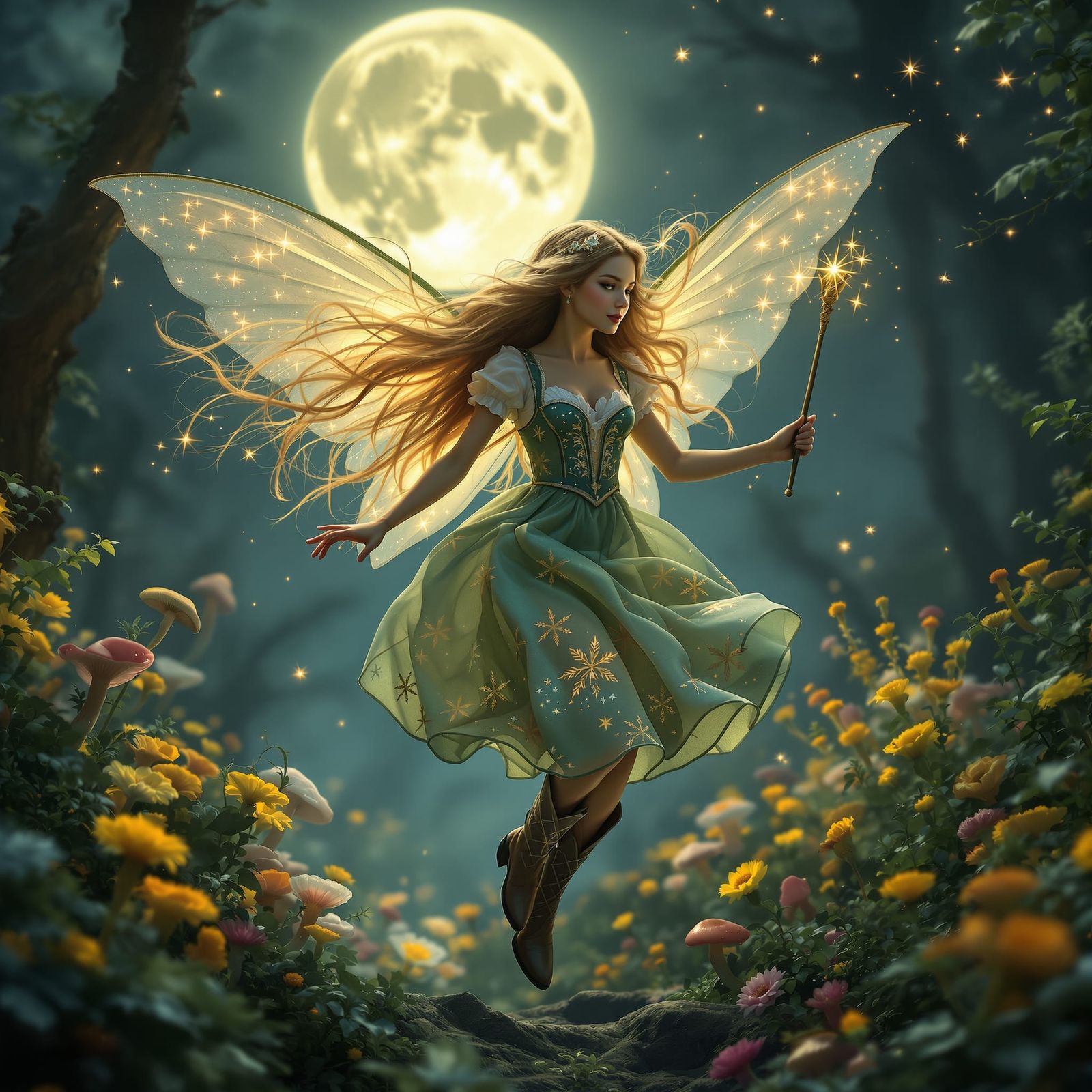 Elegant Fairy in Enchanted Forest Under Moonlight