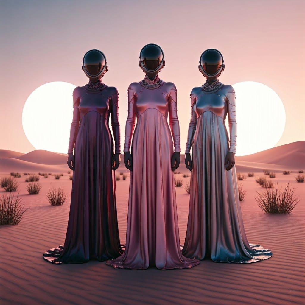 Three Futuristic Women Stand in Harmony with Desert Landscap...