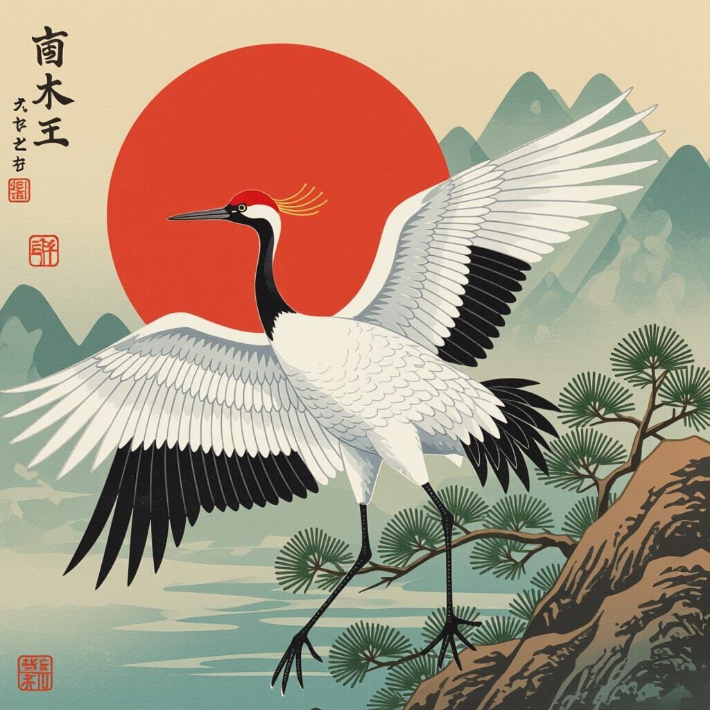 Majestic Japanese Crane in Flight