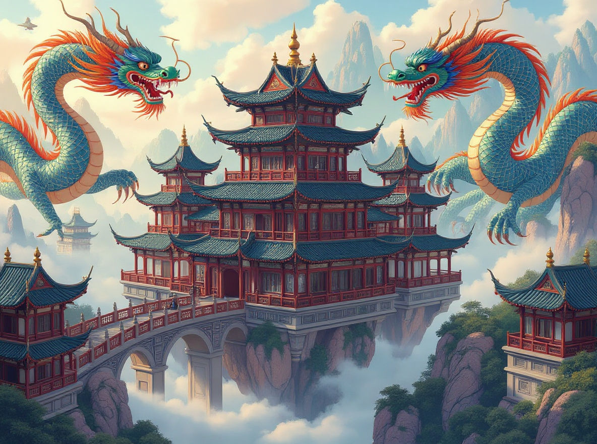 Grand Chinese Fantasy Floating City with Dragons
