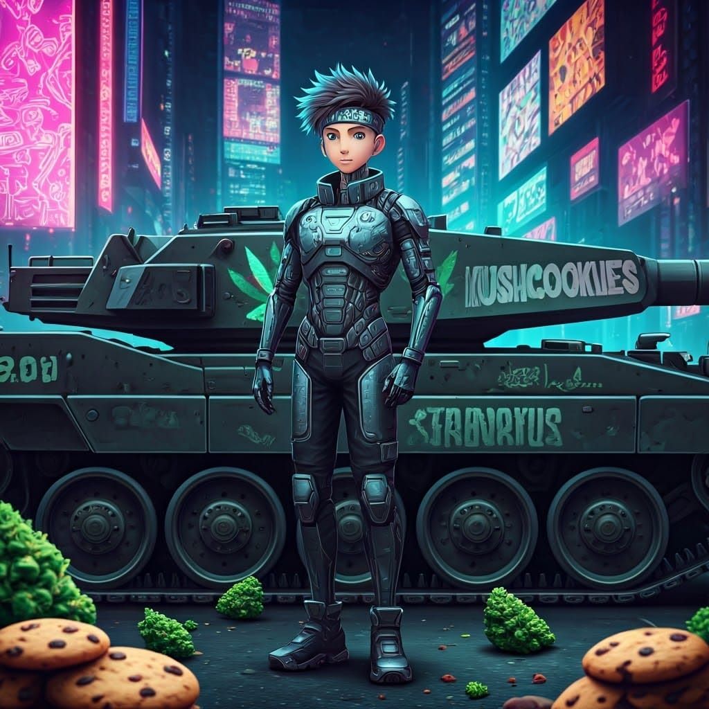 Anime-Inspired Boy in Cyberpunk Exosuit