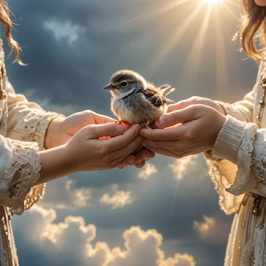 Cute Bird in Gentle Hands, Divine Light