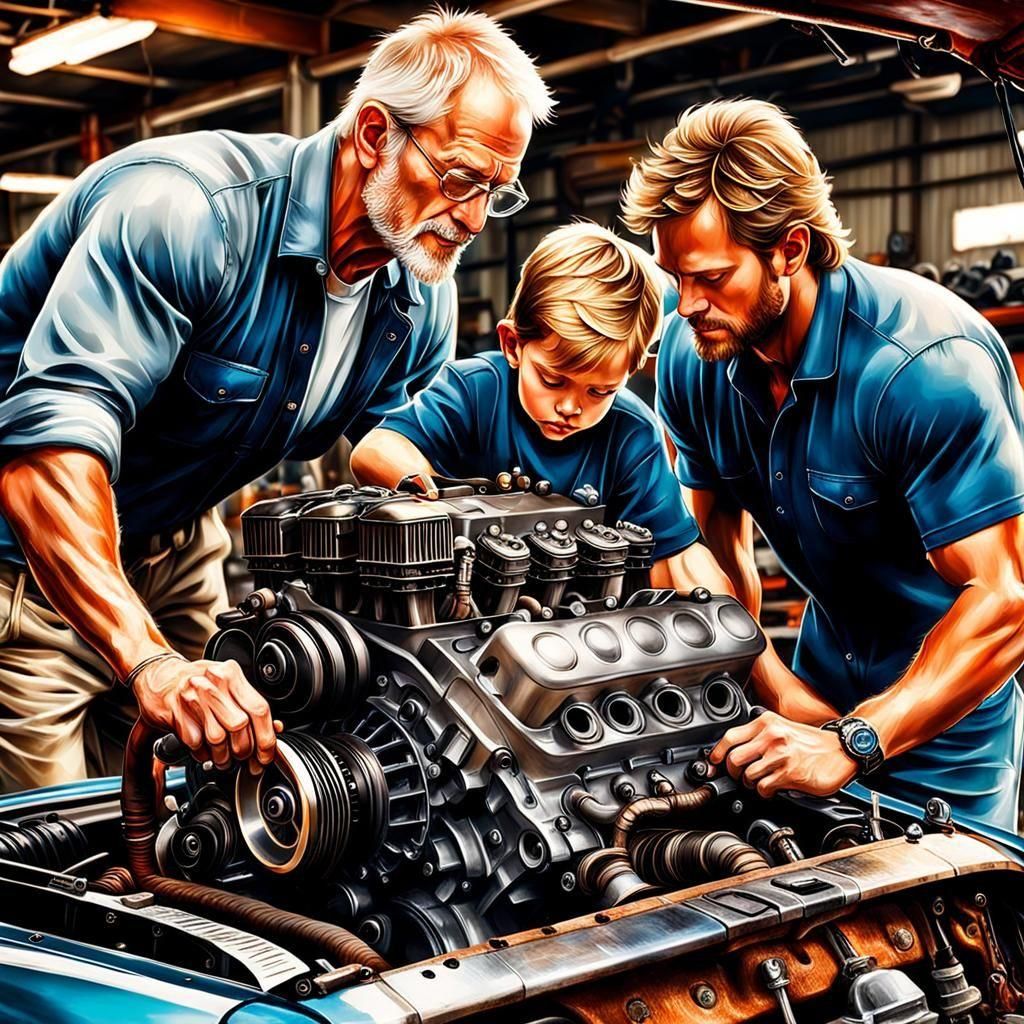 Father and Son Car Repair, Photorealistic Image