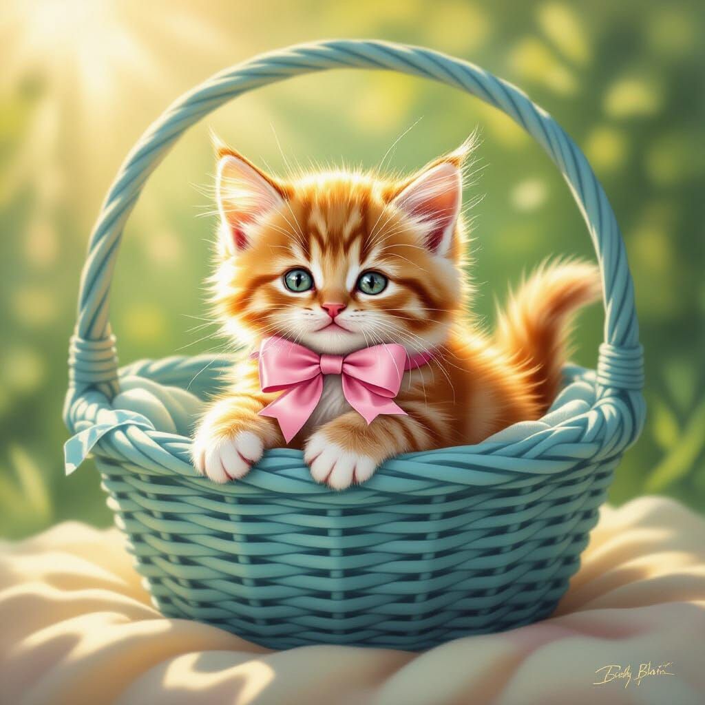 Fluffy Ginger Kitten in Blue Basket