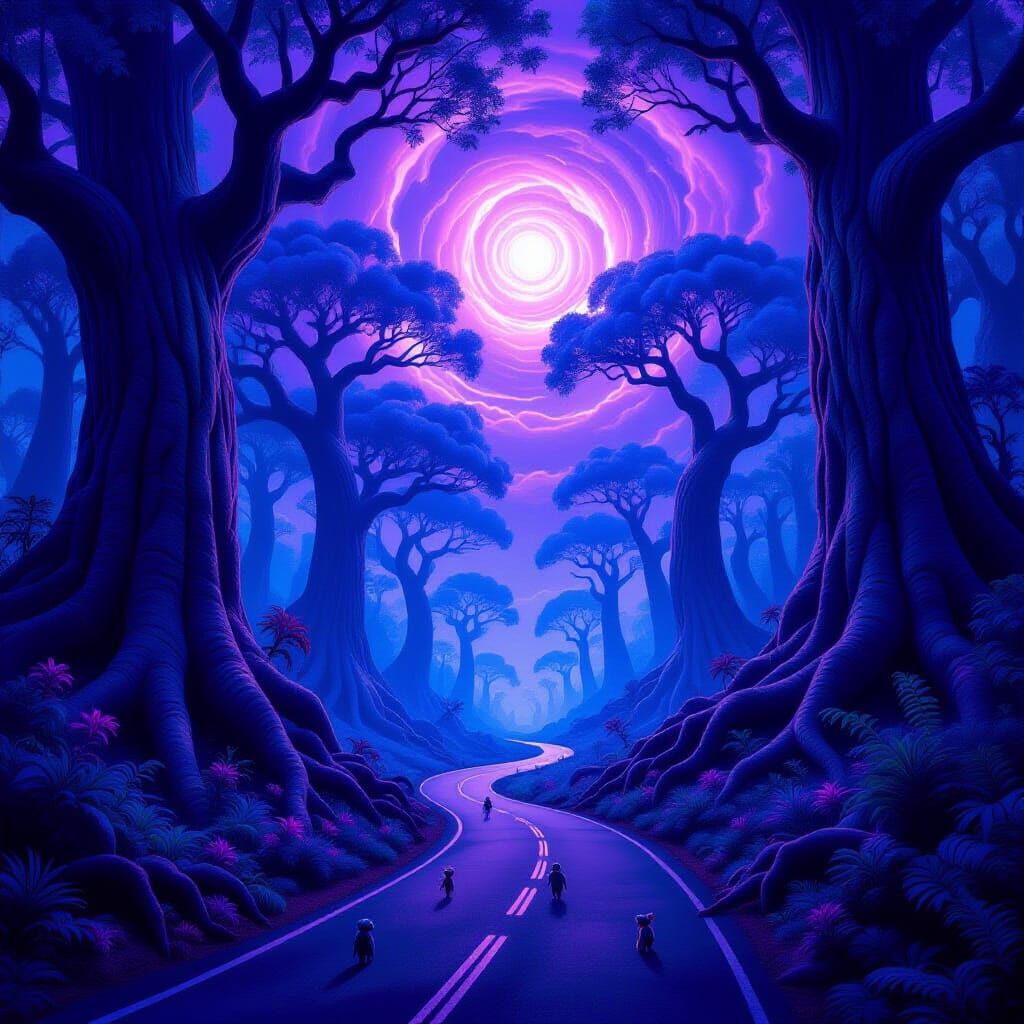 Alien Forest Scene: Blue Trees, Violet Sky, Winding Road