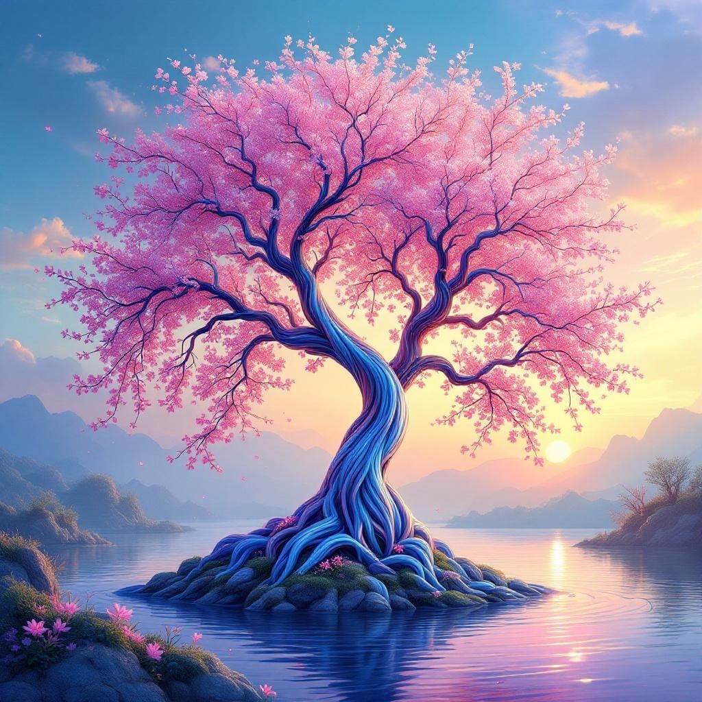 Iridescent Abstract Tree with Pink Blossoms