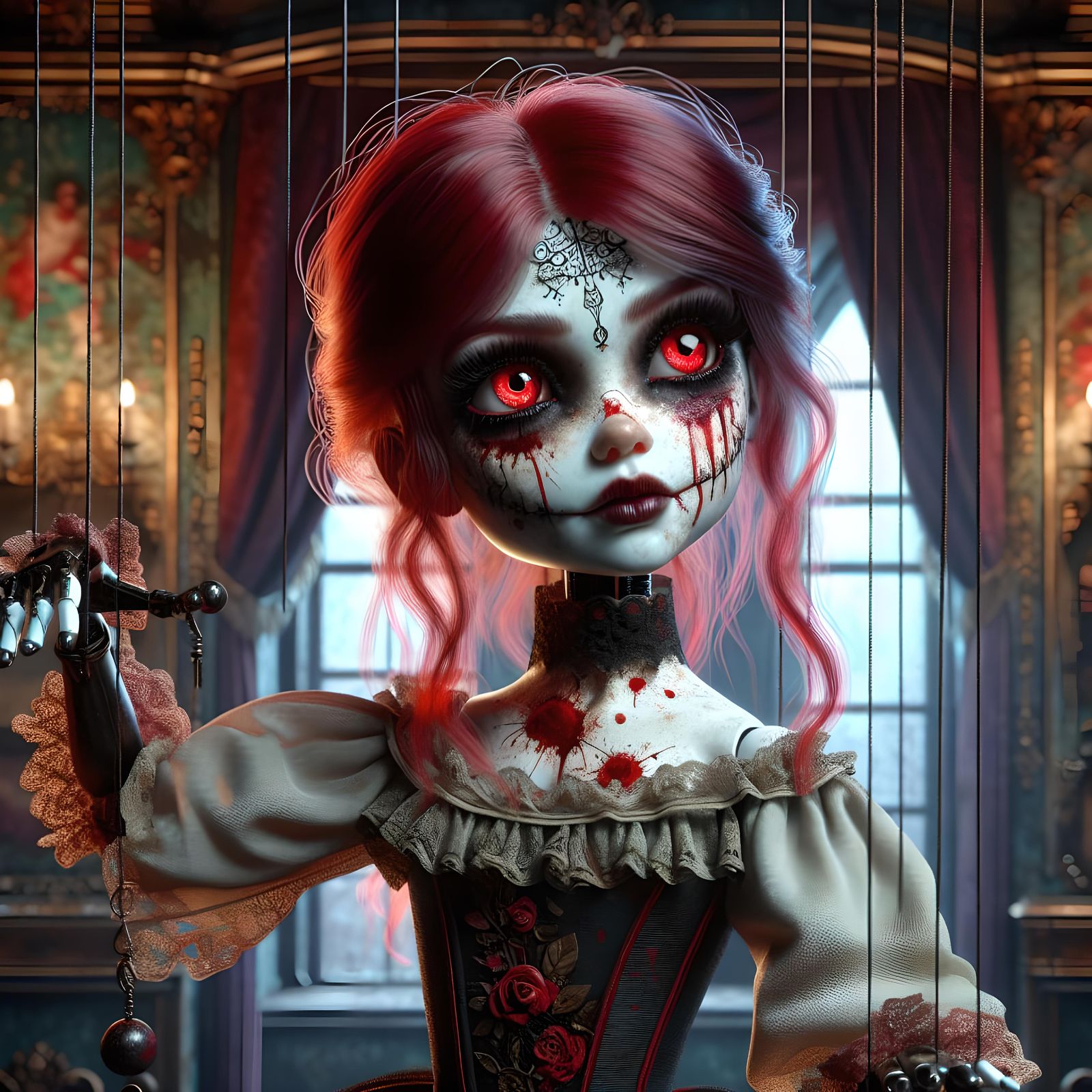 Spooky Gothic Porcelain Marionette Doll in Victorian Setting