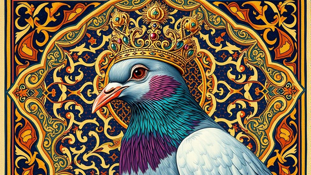 Regal Pigeon in Ornate Crown, Islamic Art Style