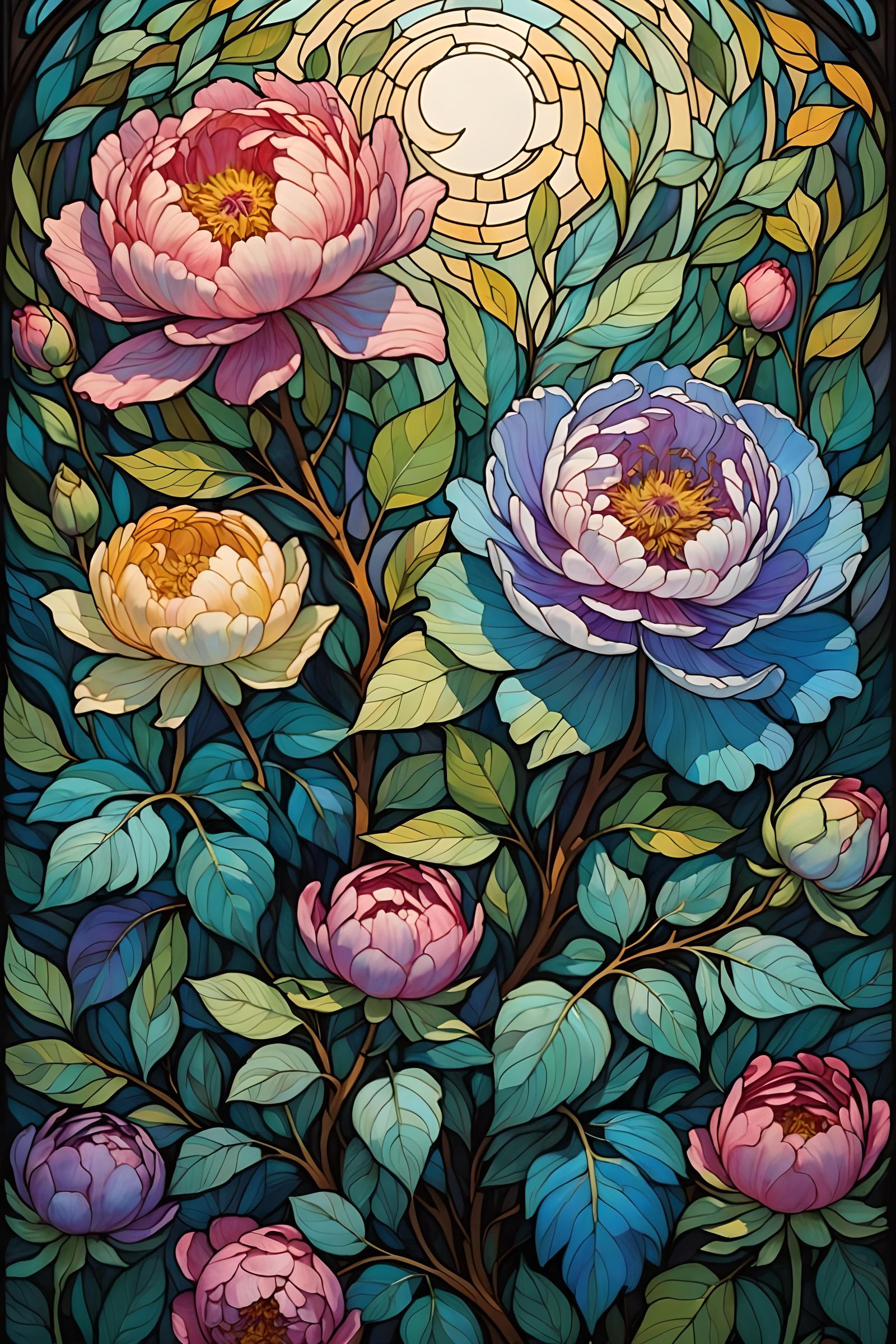 Iridescent Peonies with Flowing Liquid in Stained Glass Styl...