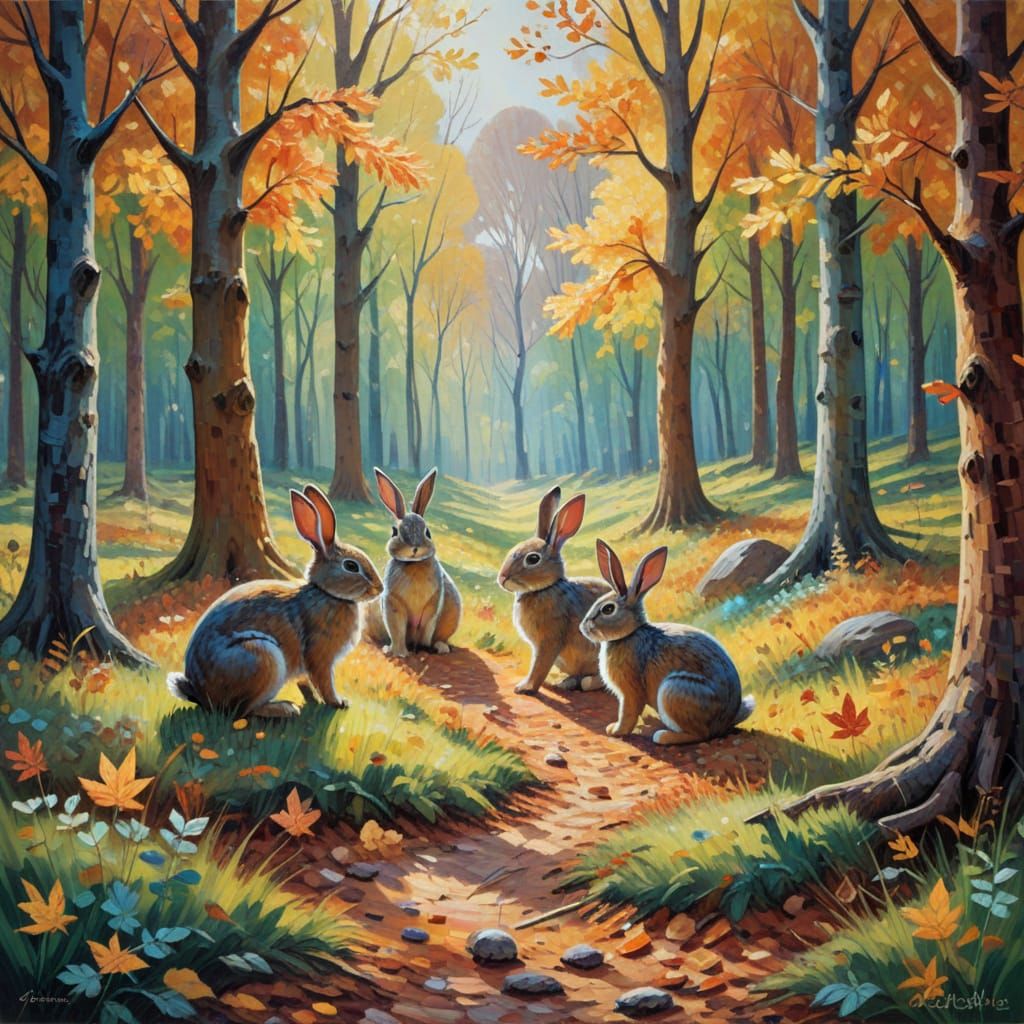 Cute Bunnies in Autumn Wood Neo-Impressionist Painting