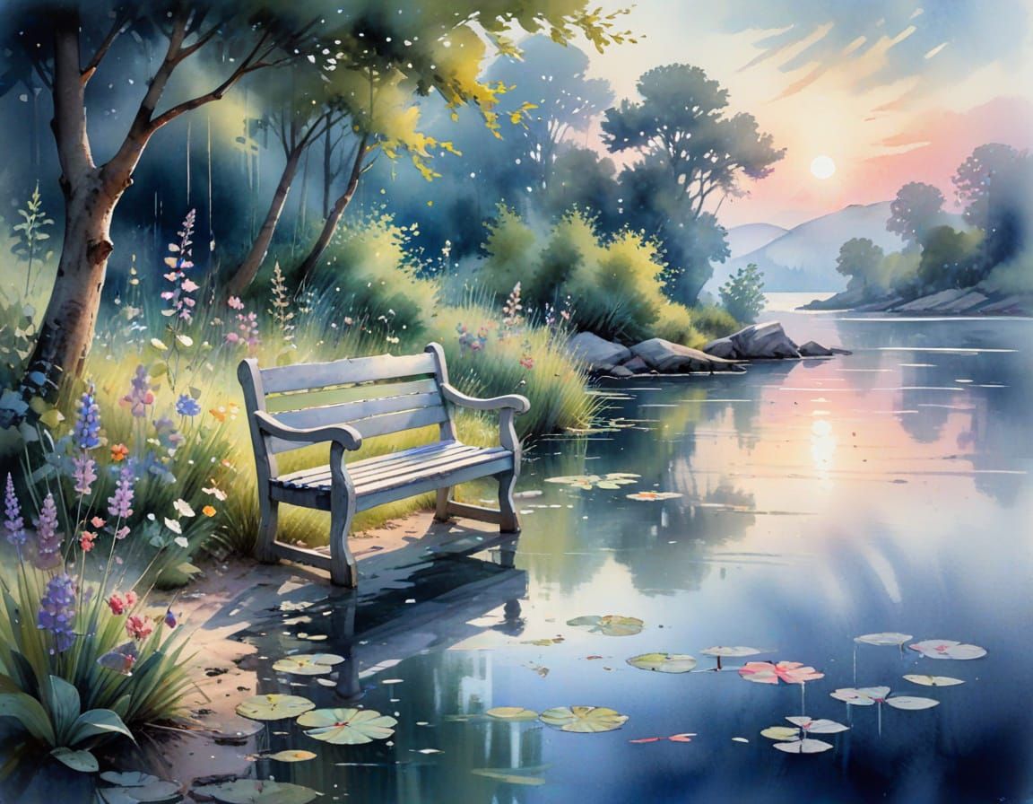 Twilight Lakeshore: A Whimsical Pastel Watercolor Dream