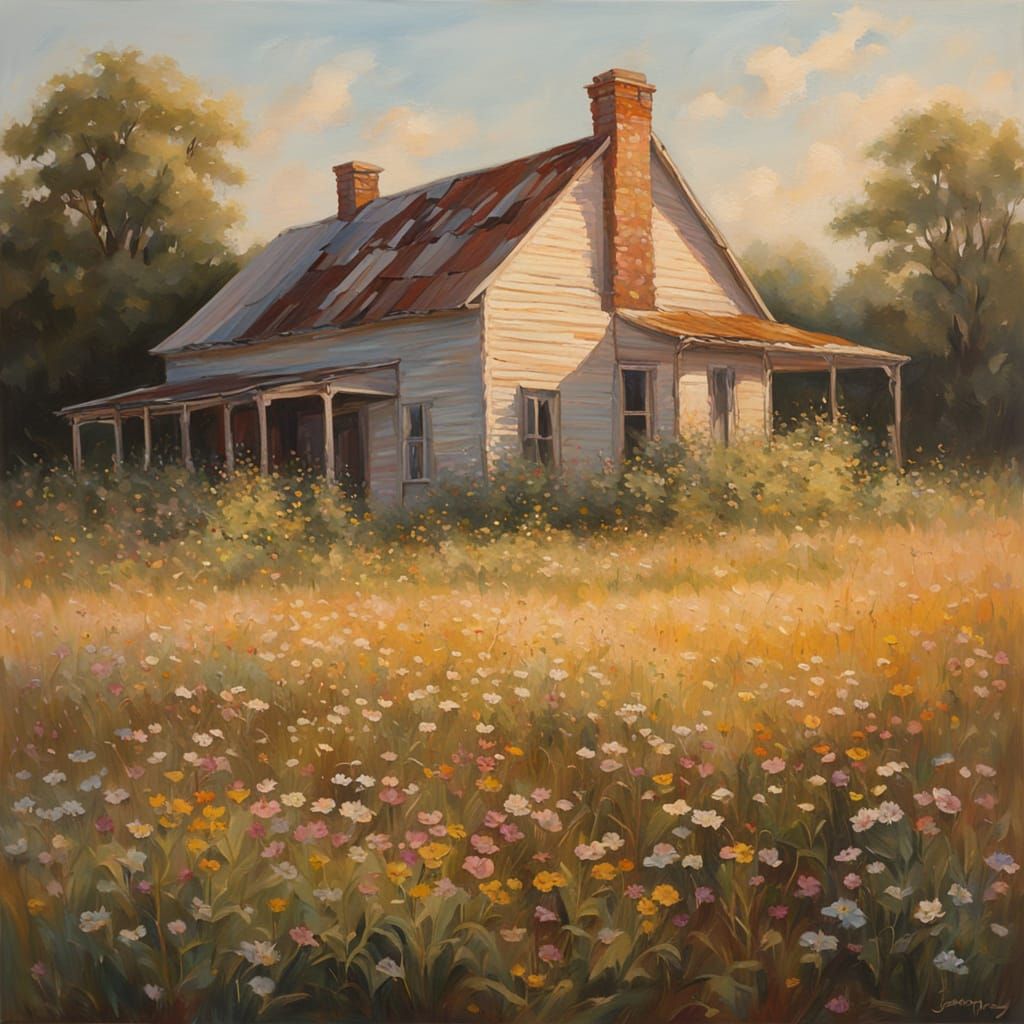 Farmhouse in Field of Wildflowers as Oil Painting