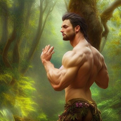 Seductive Male Druid in Forest: Fantasy Oil Painting