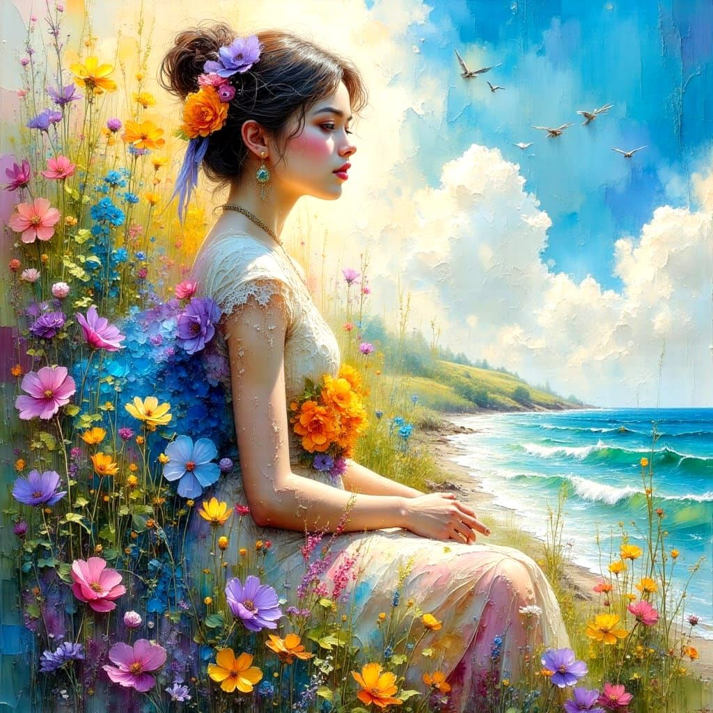 Detailed Watercolor Portrait with Feathers and Ferns