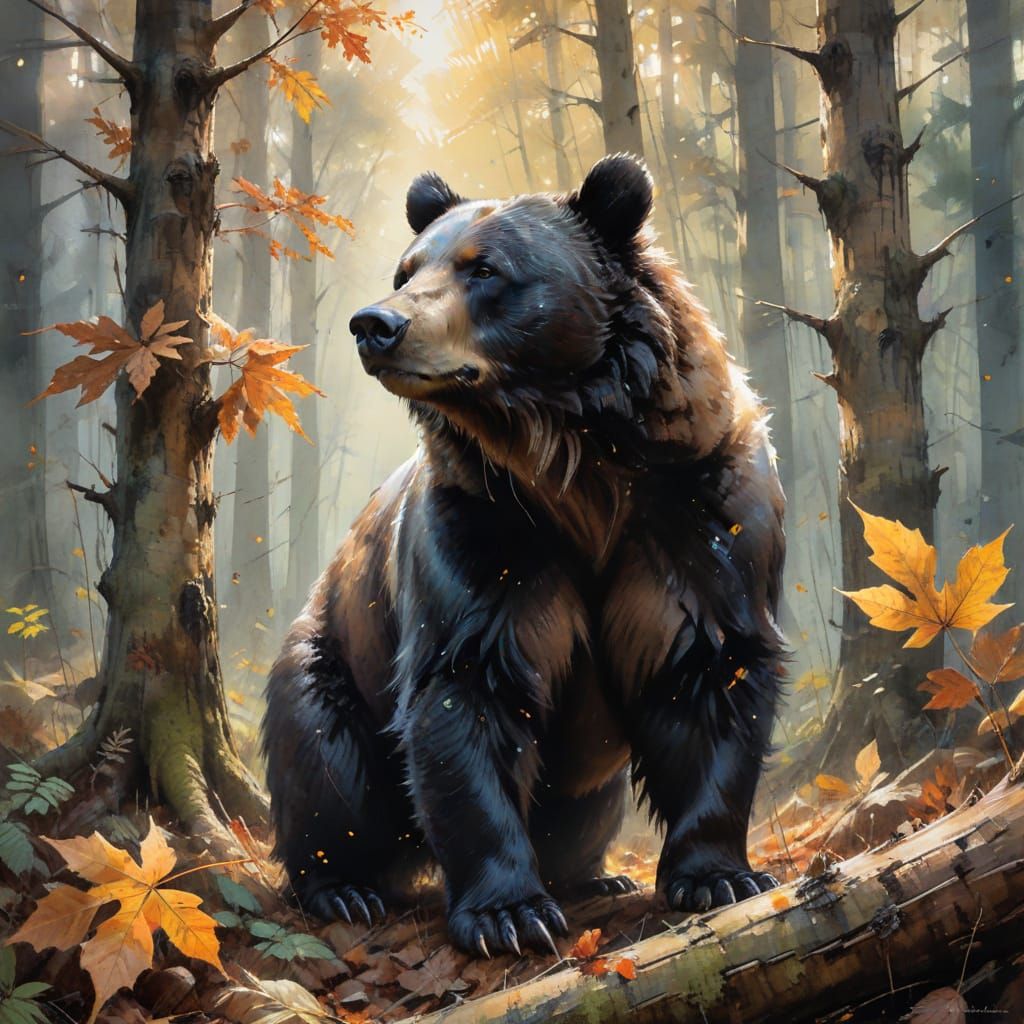 Black Bear Foraging in Autumn Hardwood Forest