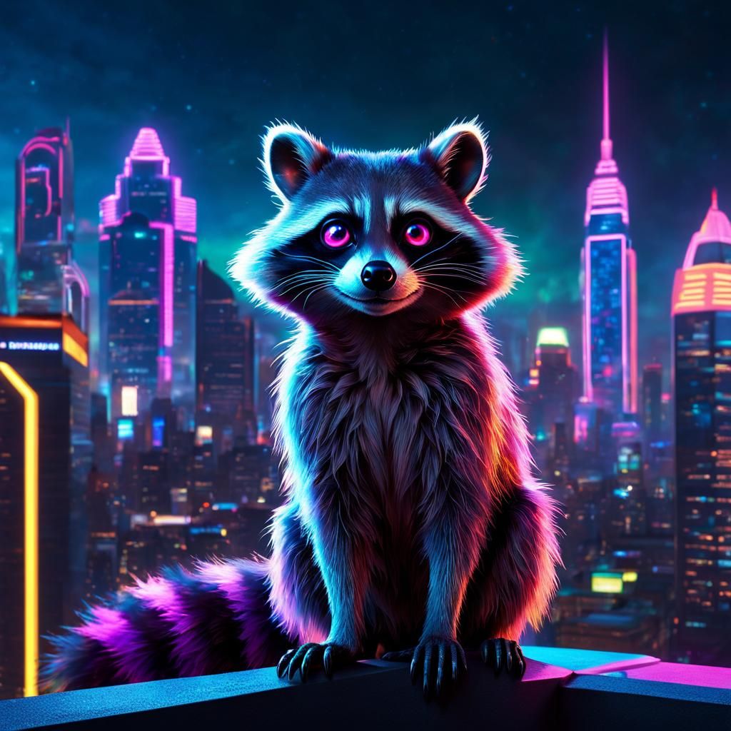 Futuristic Alien Raccoon in Cyberpunk Cityscape