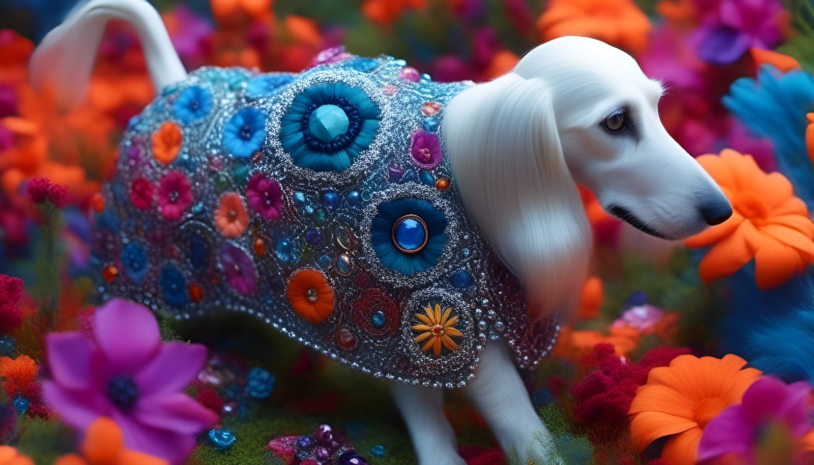 Psychedelic Sci-Fi Puppy Portrait with Geometric Embroidery