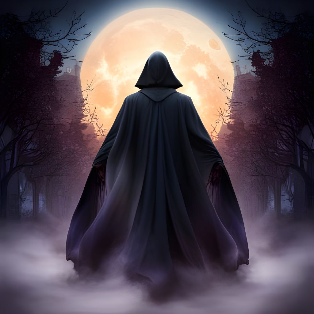 Black Cloaked Figure with Spirit in Detailed Matte Painting