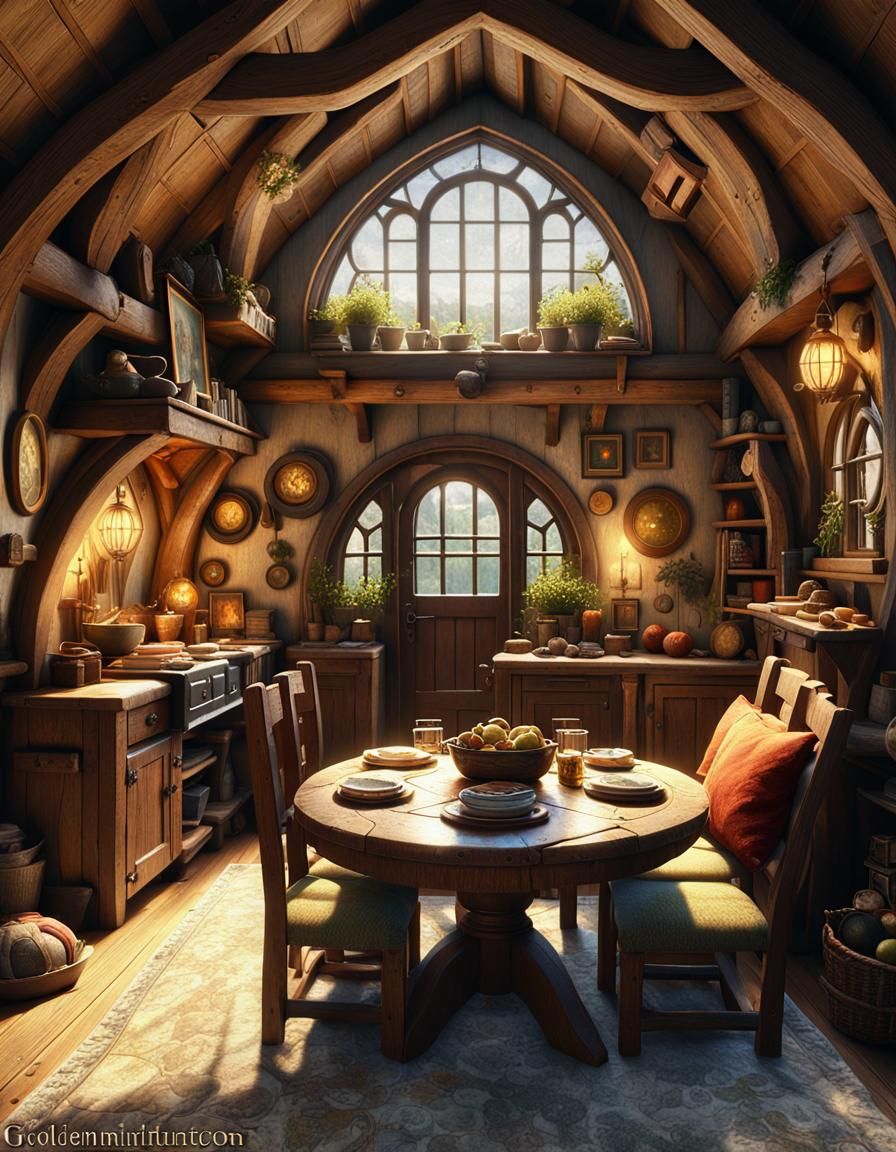 Cozy Hobbit House Interior in Oil Painting Style