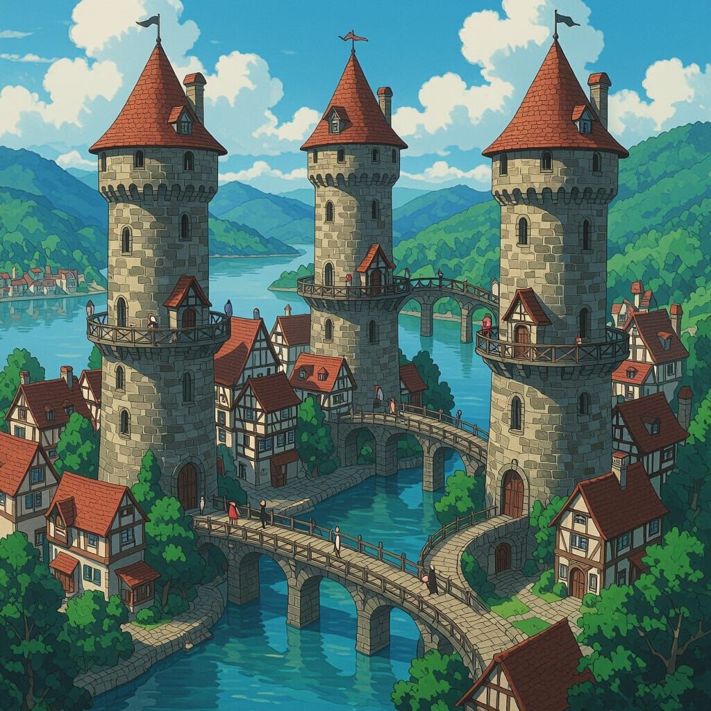 Witchy Towers and Lakeside Town Inspired by Ghibli