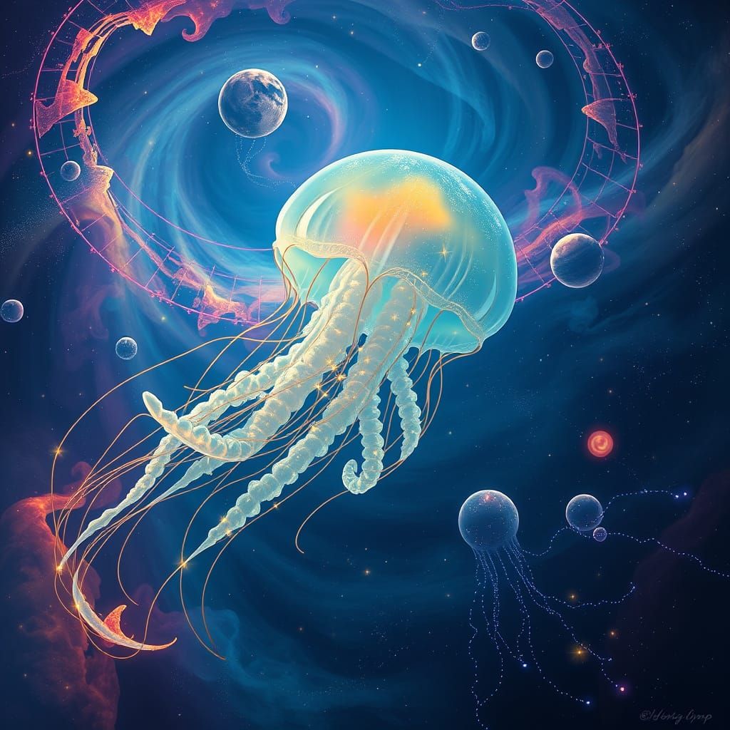 Bioluminescent Jellyfish in Swirling Nebula: Digital Paintin...