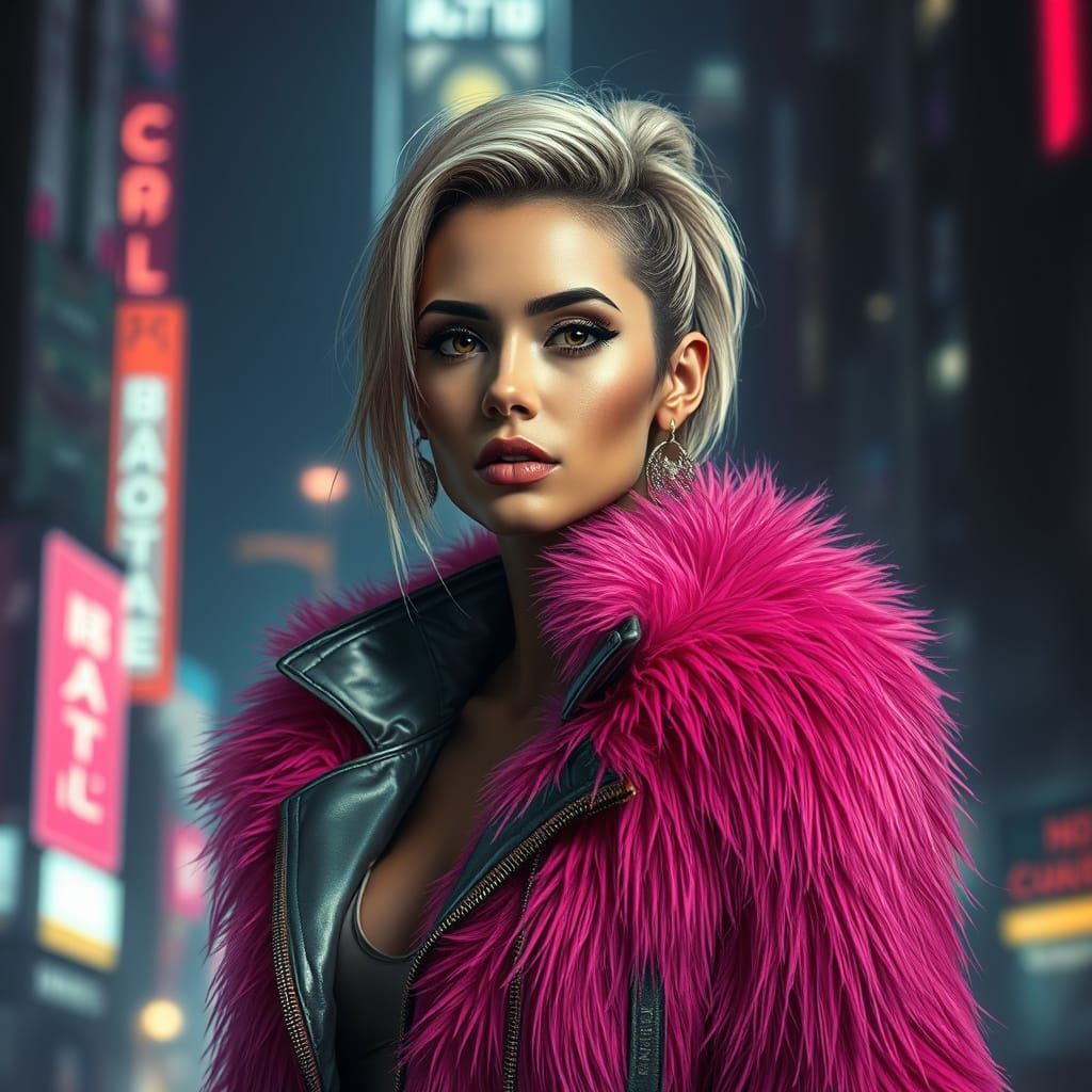 Confident Woman in Pink Fur Jacket, Neon Cityscape