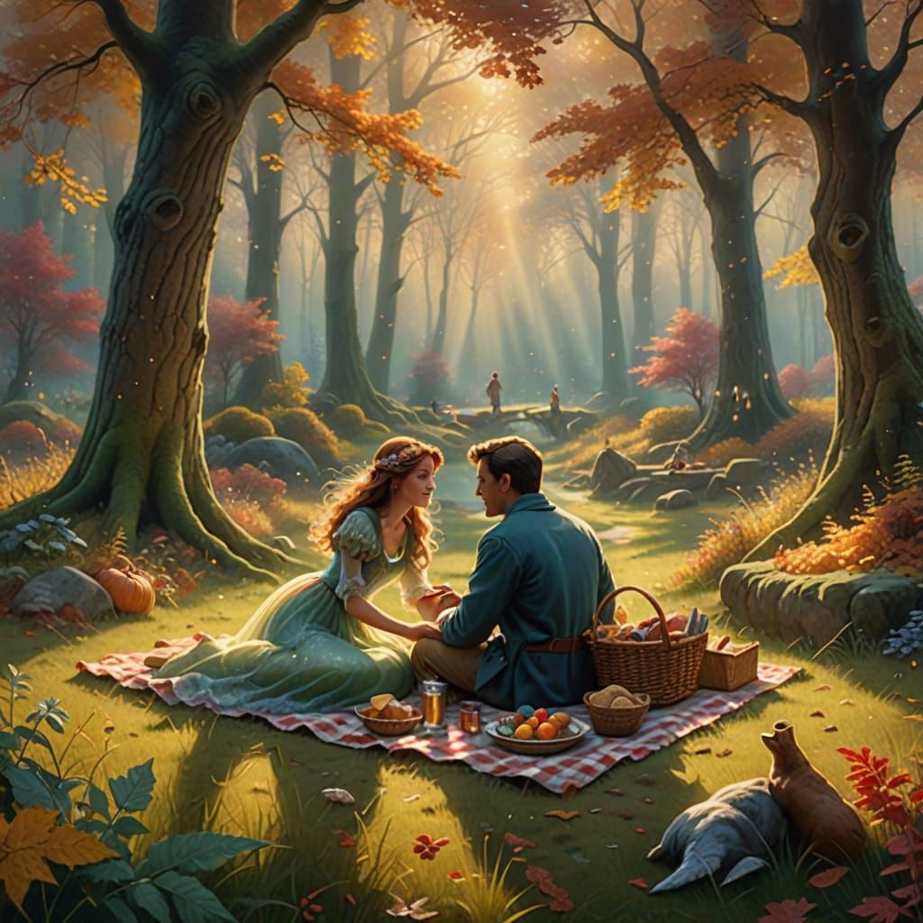 Enchanted Autumn Picnic with Fairies in Magical Realism
